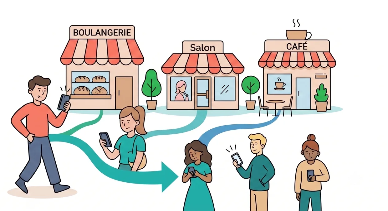 Des habitants consultent l'affluence des commerces de leur rue sur leur téléphone