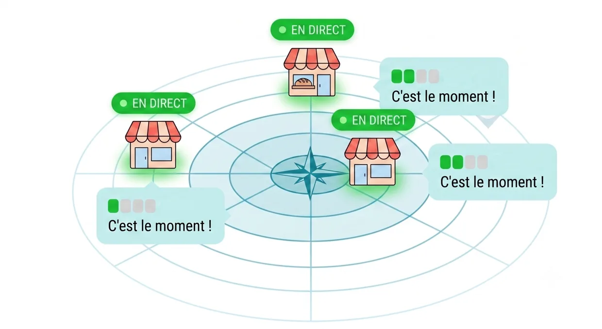 Carte radar montrant trois commerces proches avec leur affluence en direct
