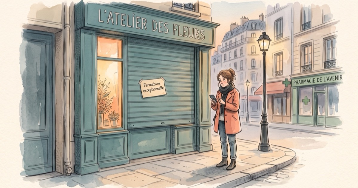 Femme devant la fermeture exceptionnelle d'un fleuriste parisien — illustration APIC