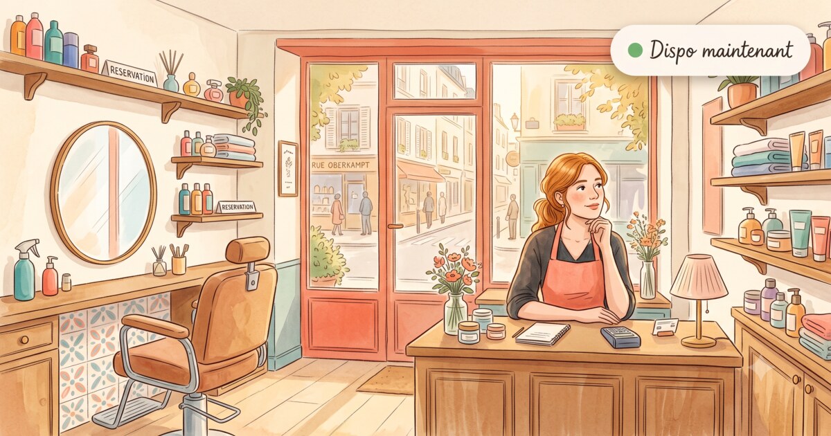 Illustration éditoriale d'une boutique parisienne calme en milieu d'après-midi, un commerçant attentif derrière son comptoir