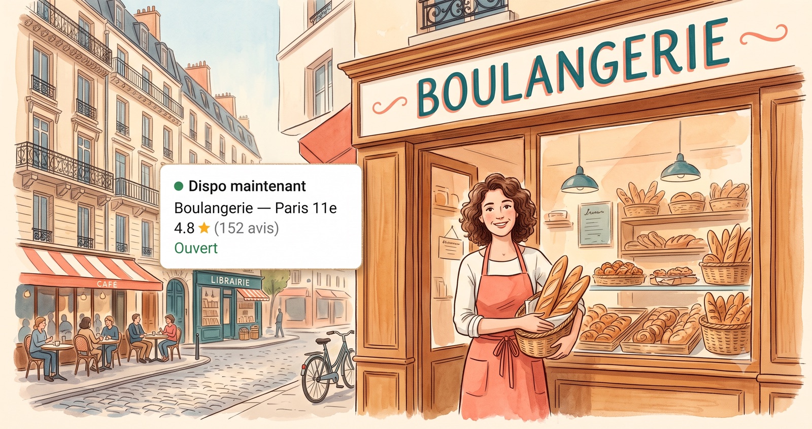 Illustration éditoriale d'un commerce de quartier parisien avec une fiche APIC visible sur Google